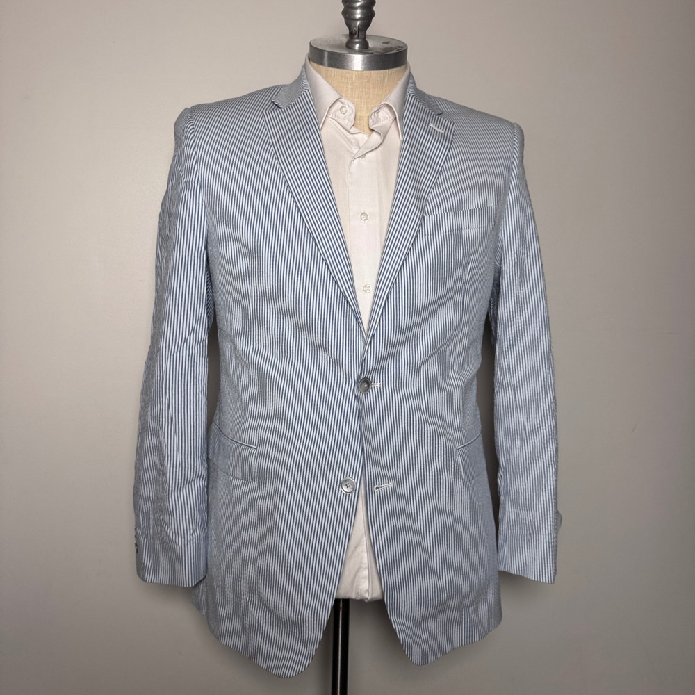 Tommy Hilfiger Sport Coat Mens 44L Blue White Striped Seersucker Trevor Blazer